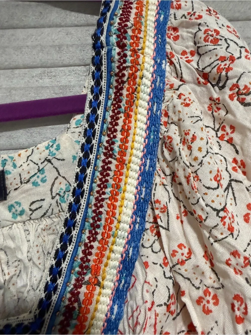 NWTMaeve Cream Embroidered Square-Neck Top with Orange Tassels and Blue Trim